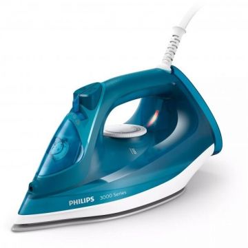 Philips Fier de calcat Philips Seria 3000, putere 2600W, jet continuu de abur 40g/min, culoare albastru deschis, rezervor de apa 300ml, talpa ceramica, oprire automata.