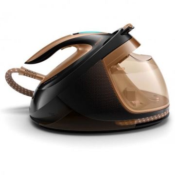 Philips Statie de calcat Philips PerfectCare Elite Plus GC9682/80, 2700 W, Talpa T-ionicGlide, 165 g/min, Jet de abur vertical, Tehnologie OptimalTEMP, Negru/Auriu