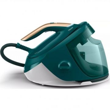 Philips Statie de calcat Philips seria Perfect Care 7000, tehnologie DynamiQ si Optimal Temp, presiune maxima 8 bari, putere 2100W, jet de abur 120g/min,culoare verde, functie Easy De-calc plus, talpa fier SteamGlide Elite, rezervor de apa 1.8L detasabil