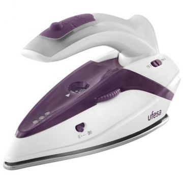 Ufesa Fier de calcat portabil Ufesa PV0500, 1100W, Talpa inox, Sistem anti-scurgere, Abur vertical, Maner pliabil, Alb/Mov