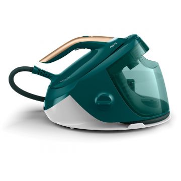 Statie de calcat Philips cu abur, cu boiler, PSG7140/70, 2100W, talpa SteamGlide Elite, 8 bari, abur 120 g/ min, jet de abur 600 g, rezervor 1.8 l, oprire automata de siguranța, detartrare inteligenta Easy-de-calc, alb/verde