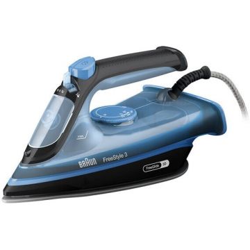 BRAUN Fier de calcat Braun FreeStyle 3 FI3194BK, 2400W, jet de abur 200g/min, abur variabil 0-45 g/min, talpa SuperCeramic, rezervor 270 ml, tehnologie FreeGlide, oprire automata, sistem antipicurare, albastru
