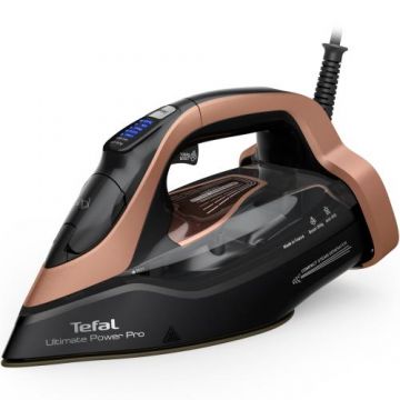 Fier de calcat cu abur Tefal Ultimate Power Pro FV9E50E0, 3200W, jet de abur 300 g/min, abur variabil 0-85 g/min, rezervor apa 350 ml, talpa Durilium AirGlide AutoClean, oprire automata, panou comanda LED, filtru anticalcar, sistem antipicurare (Negru/Ro