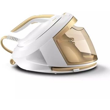 Philips Statie de calcat cu abur Philips PerfectCare seria 8000 PSG8040-60, 2700W, Tehnologie Optimal Temp, 8 bari, Jet de abur 170g/min, Functie Easy De-calc plus, Talpa fier SteamGlide Elite, Oprire automata, Rezervor de apa 1.8L, Alb&Auriu