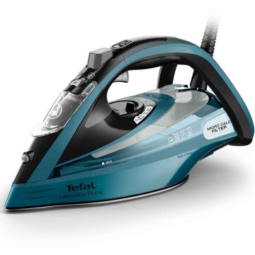 Tefal Fier de calcat cu aburi Tefal Ultimate Pure FV9851E0, 3200W, jet de abur 300 g/min, abur variabil 0-60 g/min, rezervor apa 350 ml, talpa Durilium AirGlide AutoClean, filtru anticalcar, incalzire rapida, sistem antipicurare, Albastru & Negru