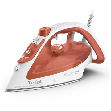 Tefal Fier de calcat Tefal EasyGliss Eco FV5782E0, 2800 W, abur variabil 50 g/min, talpa Durilium Airglide, mod Eco, Alb & Portocaliu